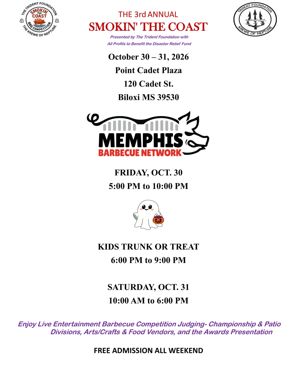 Official flyer for the 3rd Annual Smokin' the Coast BBQ Competition, October 30-31, 2026 at Point Cadet Plaza, Biloxi MS
